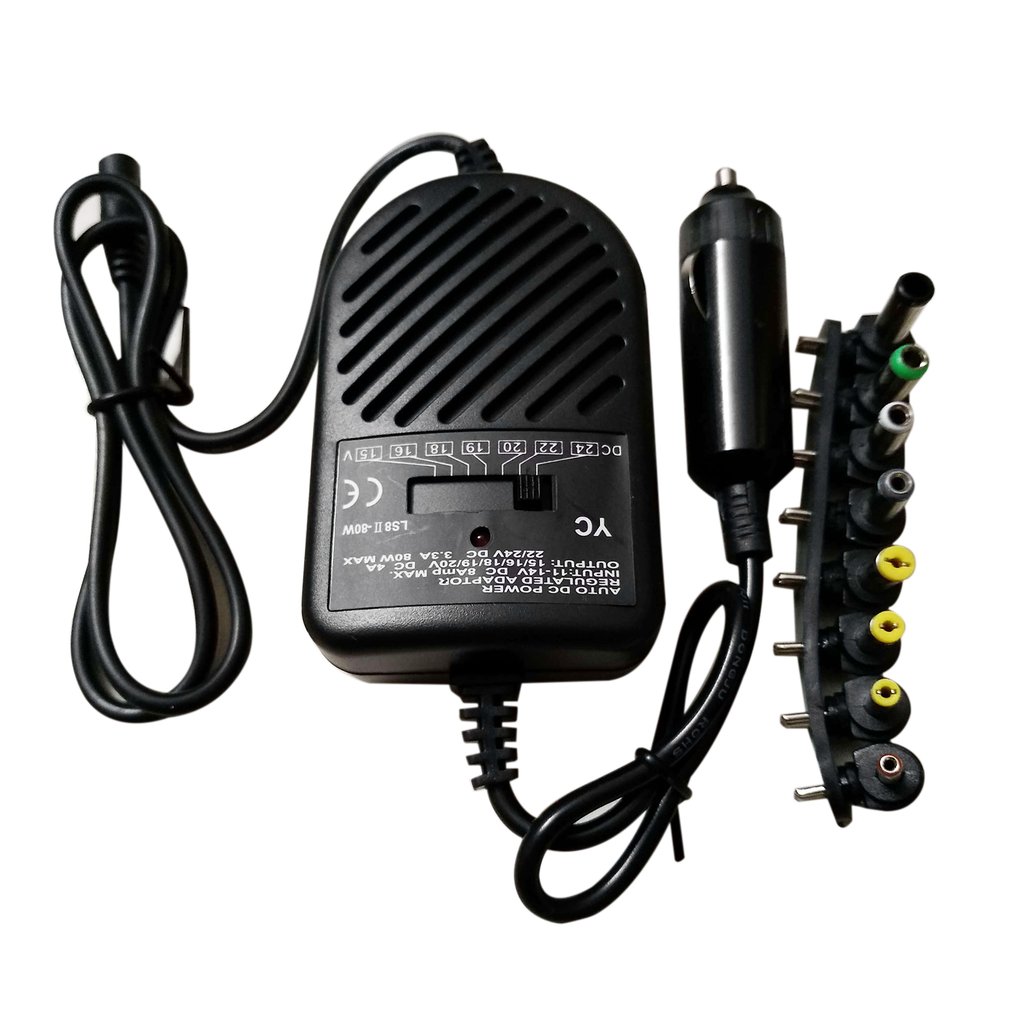 Laptop Charger - 汎用80Wポータブル充電器、LED搭載、自動車用アダプター、出力調整可能な電源アダプターセット、8種類の着脱式プラグ、車載用、ノートパソコン用。