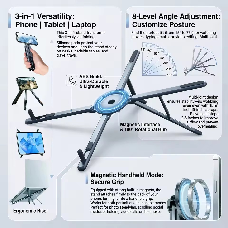 携帯電話用マグネット式ホルダー＆自撮り棒 3-in-1 折り - Laptop Stand のレビューと価格