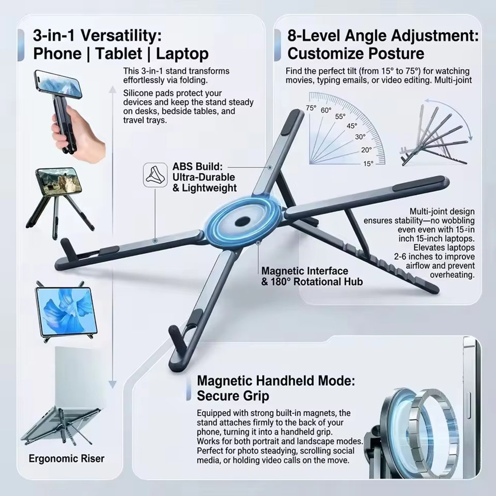 携帯電話用マグネット式ホルダー＆自撮り棒 3-in-1 折り - Laptop Stand のレビューと価格