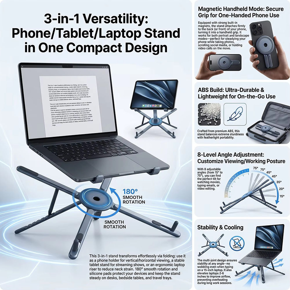 携帯電話用マグネット式ホルダー＆自撮り棒 3-in-1 折り - Laptop Stand のレビューと価格