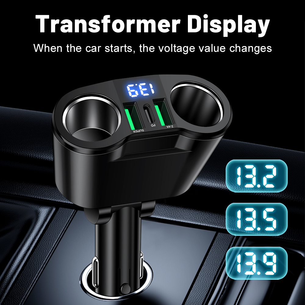 USBカーチャージャーアダプター タイプC デジタルディスプ - Usb C Hub のレビューと価格
